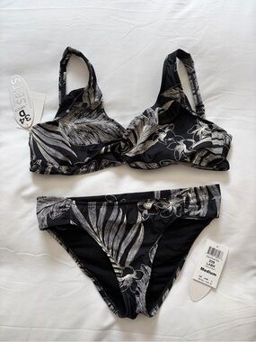 Sunsets Black Floral Print Bikini Set with Supportive Top - Medium, 34D